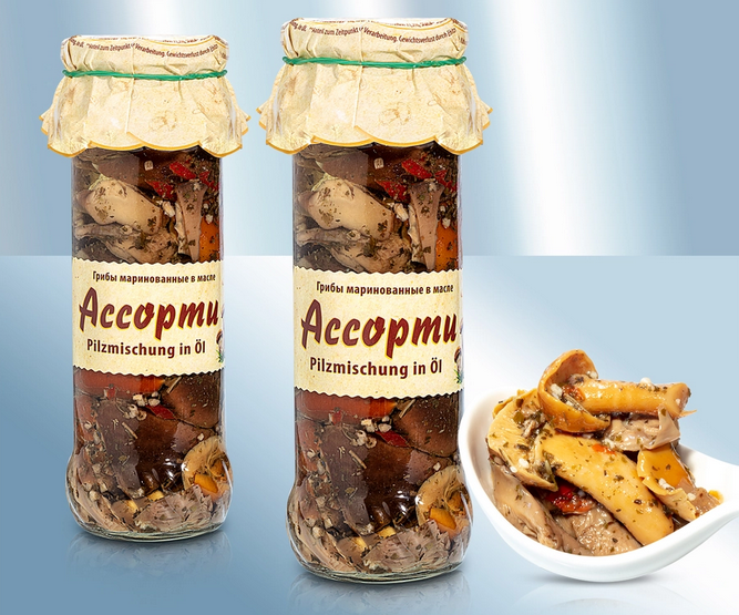 Assorted mushrooms marinated in oil, 330g/Ассорти грибов, маринованные в масле, 330g