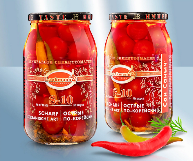 Pickled cherry tomatoes S-10, 880ml/Помидоры черри С-10, острые, по- корейски, 880мл, (чистый вес 430г)